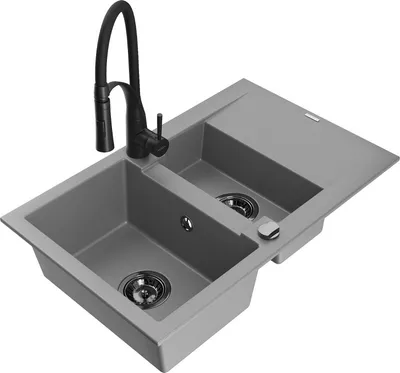 Produktbild von Mexen Gaspar 1,5-Becken-Granitspüle mit Abtropffläche und Mischbatterie Aster, Grau - 6507-71-73450-70-B