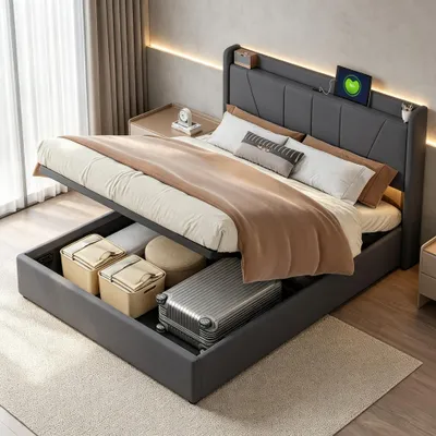 Zdjęcie produktu dla Łóżko platformowe INONEFT 140x200 cm z ładowarką USB, łóżko z pojemnikiem na pościel, tapicerowane łóżko z pojemnikiem, stelaż łóżka z listwami, pościel, kolor: szary