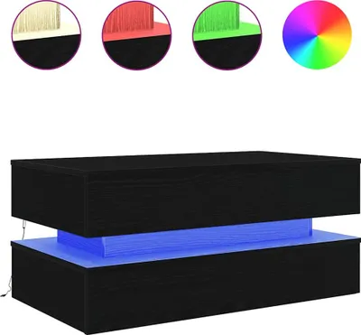 A black coffee table with blue LED lighting underneath.