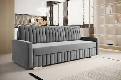 Produktbild von Schlafsofa BELLA Sofa mit Schlaffunktion und Bettkasten, Klappsofa, Schlafcouch mit Füßen aus Holz, Couch in Frabe: Grau, Veloursstoff