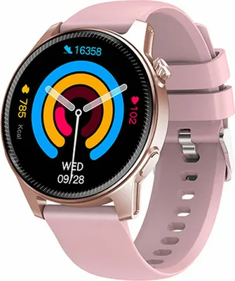 A close-up studio shot of a rose gold smartwatch with a pink band, displaying fitness data on its screen.