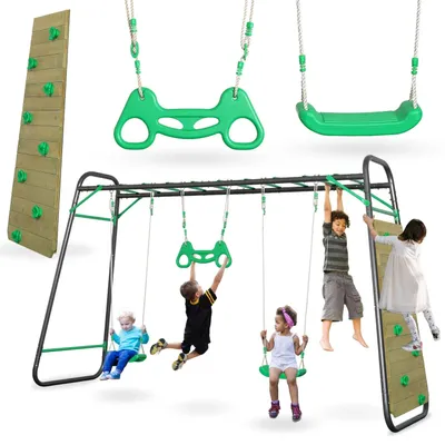 Produktbild von Großes Gartenschaukel-Set - XXL Schaukelgestell - Metallrahmen - Kletterleiter & Trapez - Für draußen - Kinder 3–12 Jahre CE