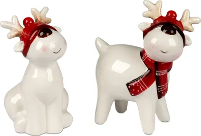 Produktbild von Elch Rentier Figuren 14cm sitzend  mit Mütze 2 Stück im Set - Weihnachten Dekoration