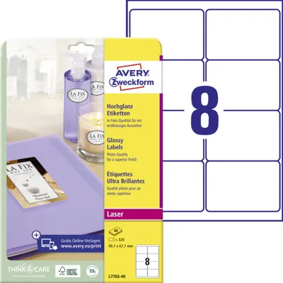 Produktbild von Avery Zweckform L7765-40 Hochglanz-Etiketten, A4, 99,1 x 67,7 mm, 40 Bogen/320 Etiketten, weiß