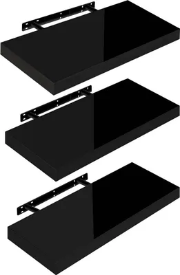 Image de Ensemble de 3 étagères murales flottantes en bois, couleur noire, dimensions : 50 x 22,9 x 3,8 cm