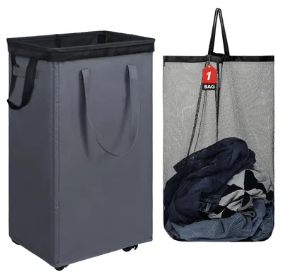 Imagen del producto de Omgoods - Cesta de ropa plegable con ruedas y bolsa extraíble, 90 litros