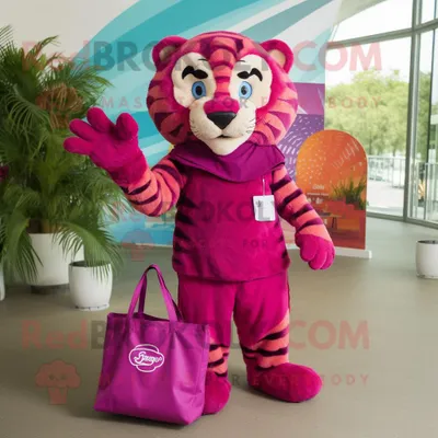 Produktbild von Magenta-Tiger REDBROKOLY Maskottchen kostüm gekleidet mit Badebekleidung und Tragetaschen