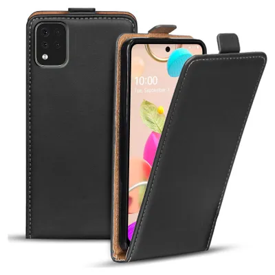 A black flip case for a smartphone is shown open, revealing the phone screen.