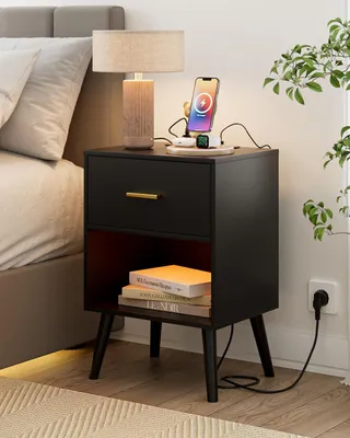 Nachtkastje mit Steckdose, USB, LED, Schublade, Schwarz