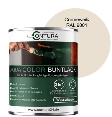 Produktbild von Contura 750ml. Buntlack Lackfarbe Lack Außen Innen Holz Metall Farbe Holzlack Möbellack - Seidenmatt - RAL 9001 Cremeweiß