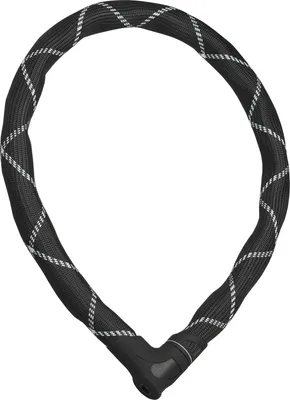 A black bicycle chain lock with white diagonal stripes is shown against a white background.