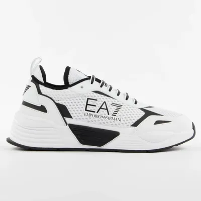 A white and black EA7 Emporio Armani sneaker shown from the side against a white background.