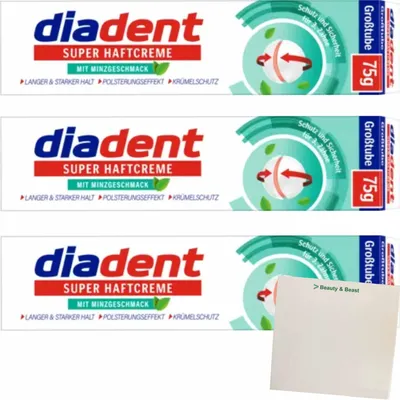 Produktbild von Diadent Super Haftcreme mit Minzgeschmack 3er Pack (3x75g Tube) + usy Block