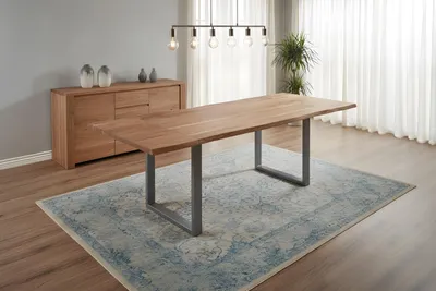 Produktbild von Esstisch Baumkante Akazie natur 220(320)x100 Ansteckplatten silber ADINA