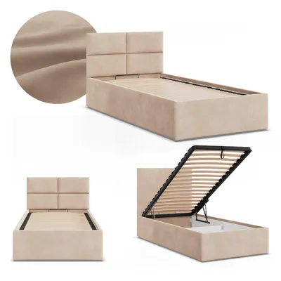 Produktbild von Einzelbett 90x200 Polsterbett BORGO mit Bettkasten, hochklappbarer Lattenrost, Stauraum, Beige