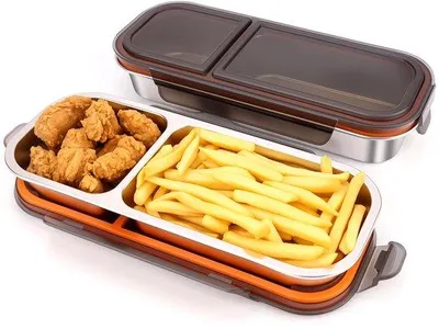 Image de Boîte à goûter en acier inoxydable 700 ml, à deux compartiments, boîte étanche pour les déplacements