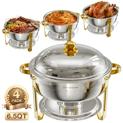 Immagine prodotto di Scaldavivande - Set di scaldavivande rotondi - 6,2 l in acciaio inossidabile - Contenitori termici con bagnomaria - Coperchio e supporto - Set da 4 pezzi