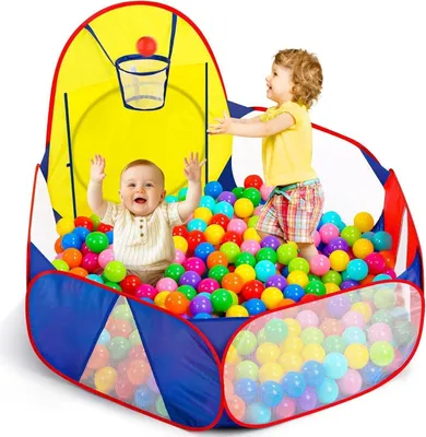 Produktbild von Bällebad für Kinder, großes Spielhaus mit Basketballkorb, Aufbewahrungstasche, 120 cm