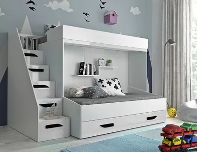 Produktbild von Kinderhochbett mit Stauraum Derry – Weiß/schwarze Griffe