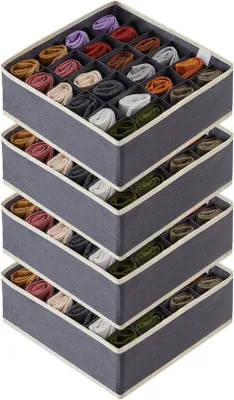 Immagine prodotto di Uniqoos® Set di 4 divisori per cassetti – 24 scomparti, organizer per calze, pieghevole, 30x30x11 cm, grigio, 80 g di tessuto non tessuto con rinforzo in plastica