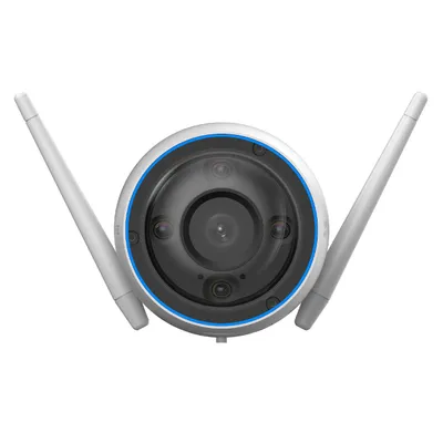 A front view of a white and gray security camera with two antennas.