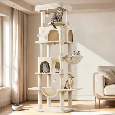 Produktbild von Yaheetech 210 cm Kratzbaum XXL mit 9 Kratzsäulen, großer Katzenbaum mit Hängematte & 2 Höhlen, mit Kippsicherung, Beige