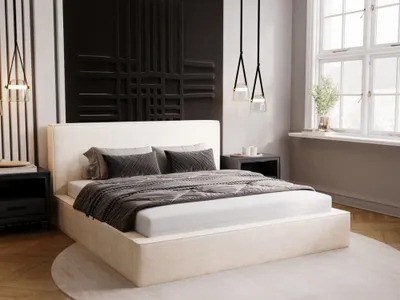 Produktbild von GRAINGOLD Polsterbett 200x200 Monaco - Doppelbett mit Bettkasten, Samtstoff & Lattenrost - Schöne Schlafzimmerbett - Creme (Komodo 7370)