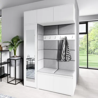 Produktbild von Garderoben-Set MIKA Kleiderschrank mit Polsterplatten Schuhschrank Schrankaufsatz und Hängeschrank Ideal für Flur und Eingangsbereich Weiß Trinity 14