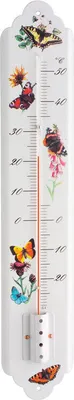 A thermometer decorated with butterflies and flowers.