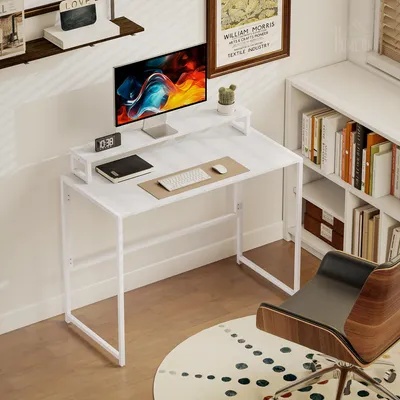 Produktbild von Schreibtisch klappbar mit Monitorständer, Klapptisch Computertisch, MDF Stahl Weiß | 100x48 cm | 87,5 cm Höhe | klappt auf 5,5 cm