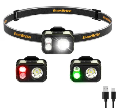 Obrázek produktu pro Čelovka EverBrite LED, nabíjecí, 45 g, ultra lehká, IP67, vodotěsná, s 7 režimy osvětlení a klipem, červené a zelené světlo. Mini čelovka, nabíjecí, vhodná pro běh, turistiku, kempování