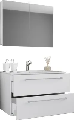 Image de 3 pièces lavabo lavabo | meuble lavabo largeur 80 cm | meuble salle de bain avec tiroirs portes tournantes armoire miroir | Badinos