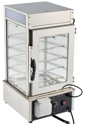 Image de Présentoir chauffant professionnel à 5 étages, d'une puissance de 1 200 W, avec éclairage LED, étagères réglables et structure en acier inoxydable, chauffage à vapeur de 30 à 110 °C, capacité de 120 L pour hamburgers, pizzas, pain et poulet frit