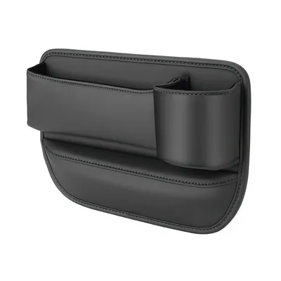A black car seat organizer with multiple compartments, including a cup holder.