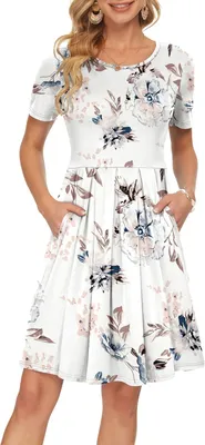 Produktbild von Plissee-Kleid für Damen mit kurzen Ärmeln, Rundhalsausschnitt, knielanger Länge und Seitentaschen