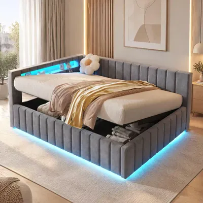Produktbild von INONEFT Polsterbett Schlafsofa 140x200 cm, Jugendbett Doppelbett mit LED und USB, Hydraulisches Stauraumbett, Bettgestell mit Lattenrost, Hellgrau