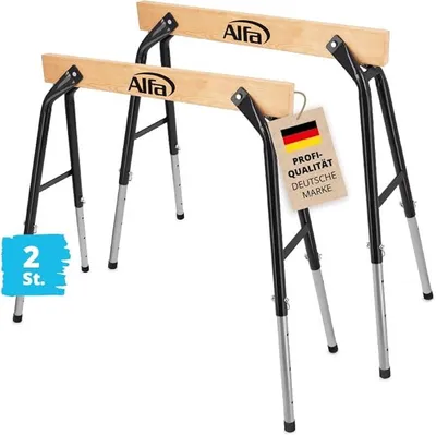 Produktbild von 2x Arbeitsbock höhenverstellbar – belastbar bis 300 kg/Paar | Profi-Qualität – Aus robustem Stahl und Holz – zusammenklappbarer Gerüstbock