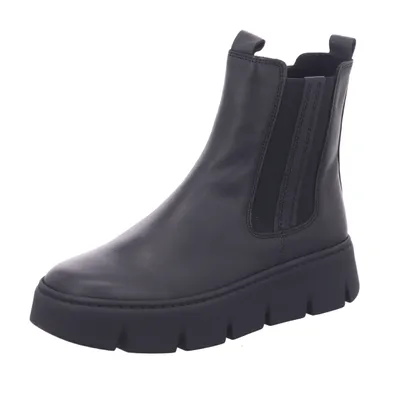 A black leather chelsea boot with a thick platform sole is shown against a white background.