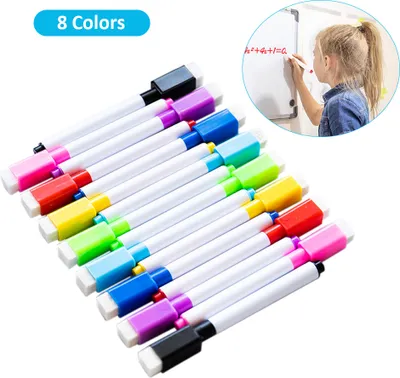 Produktbild von 8 Farben Dry Erase Marker mit Radiergummikappe Home Office Klassenzimmer Kinder Tragbares, geruchsarmes Whiteboard-Stiftset fuer Glas / Whiteboard / Kunststoff / Porzellan