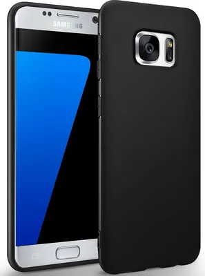 A black silicone phone case is shown next to a Samsung Galaxy S7 smartphone.