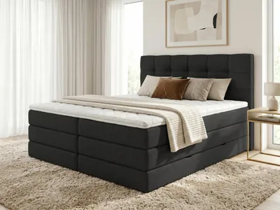 Produktbild von Boxspringbett Best XL mit 2 Bettkästen und Topper, mit Taschenfederkern- und Bonellfederkernmatratze, Doppelbett, Polsterbett aus Webstoff mit Stauraum (Schwarz (Inari 100), 180 x 200 cm)