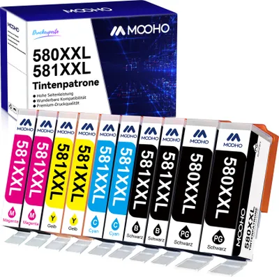 A box of printer ink cartridges is shown with the cartridges arranged in front of it.