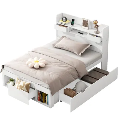 Produktbild von Einzelbett, 90*200cm, Mit USB-port & Schubladen & Stauschrank, Kinderbett, Jugendbett, Multifunktionales Bett, Großer Stauraum, ohne Matratze