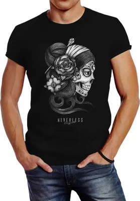 Produktbild von Herren T-Shirt Santa Muerte La catrina Mexican Skull Dia de los Muertos Tattoo Design Slim Fit Neverless® schwarz 4XL