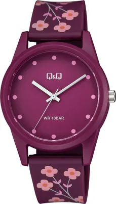 Produktbild von Q&Q Damenuhr mit Silikonarmband, 10 Bar, floral, dunkelrot