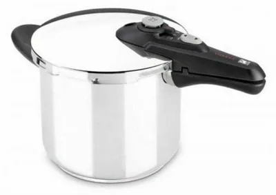 A stainless steel pressure cooker with a black handle and lid.