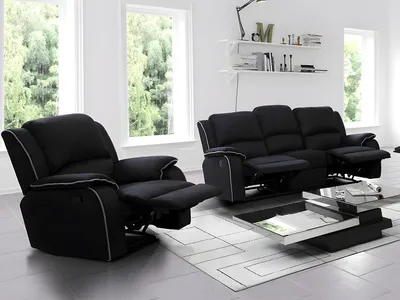 Produktbild von 3-Sitzer-Sofa und Sessel mit Relaxfunktion aus Mikrofaser HERNANI – Schwarz
