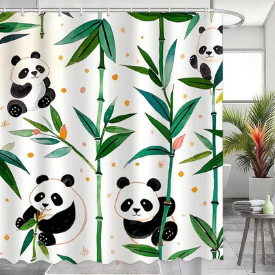 Produktbild von Duschvorhang 200 x 200 cm mit grünem Blatt- und Pandamuster, wasserdicht, inklusive Haken
