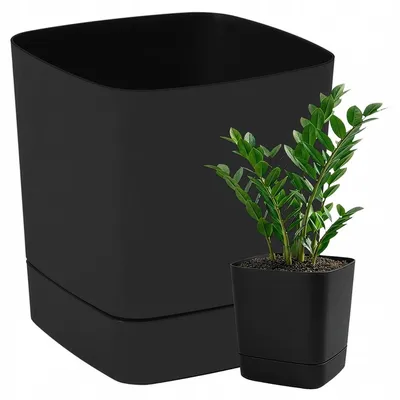 Image de Lamela Pot de fleurs carré noir avec soucoupe 25 cm