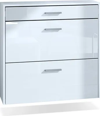 Produktbild von InnoFurn hängender Schuhschrank Roma Air Schmal mit 2 Klappen und 1 Schublade, Platzsparender Schuhkipper Flurschrank für Diele Flur Garderobe, Weiß matt/Weiß Hochglanz (89 x 87 x 23 cm)